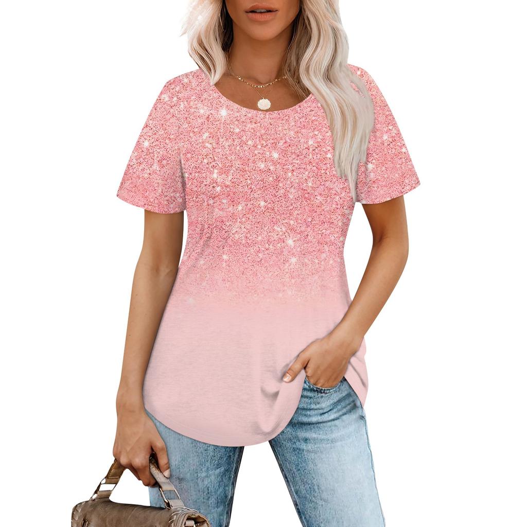 Women's Fashionable Casual Pleated Round Neck Gradient Printed Short Sleeved T-shirt Top