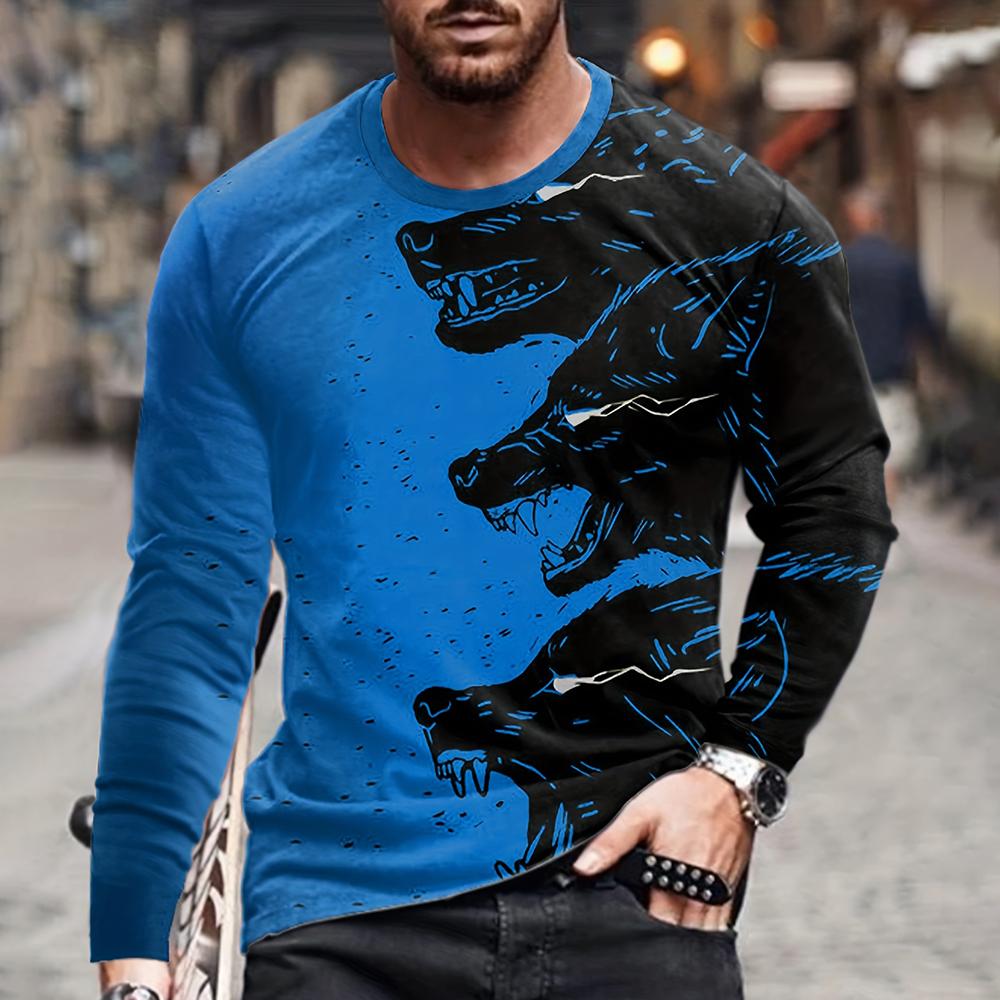 Футболки для мужчин Крутой 3D-принт с изображением волка Винтажная уличная одежда Футболка свободного покроя с круглым вырезом Топы Повседневная футболка с длинным рукавом Одежда