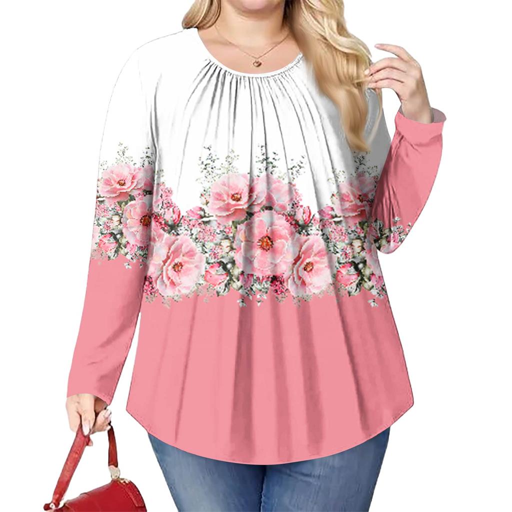 Women's Plus Size Fashion Printed Casual Pleated Round Neck Long Sleeve Top