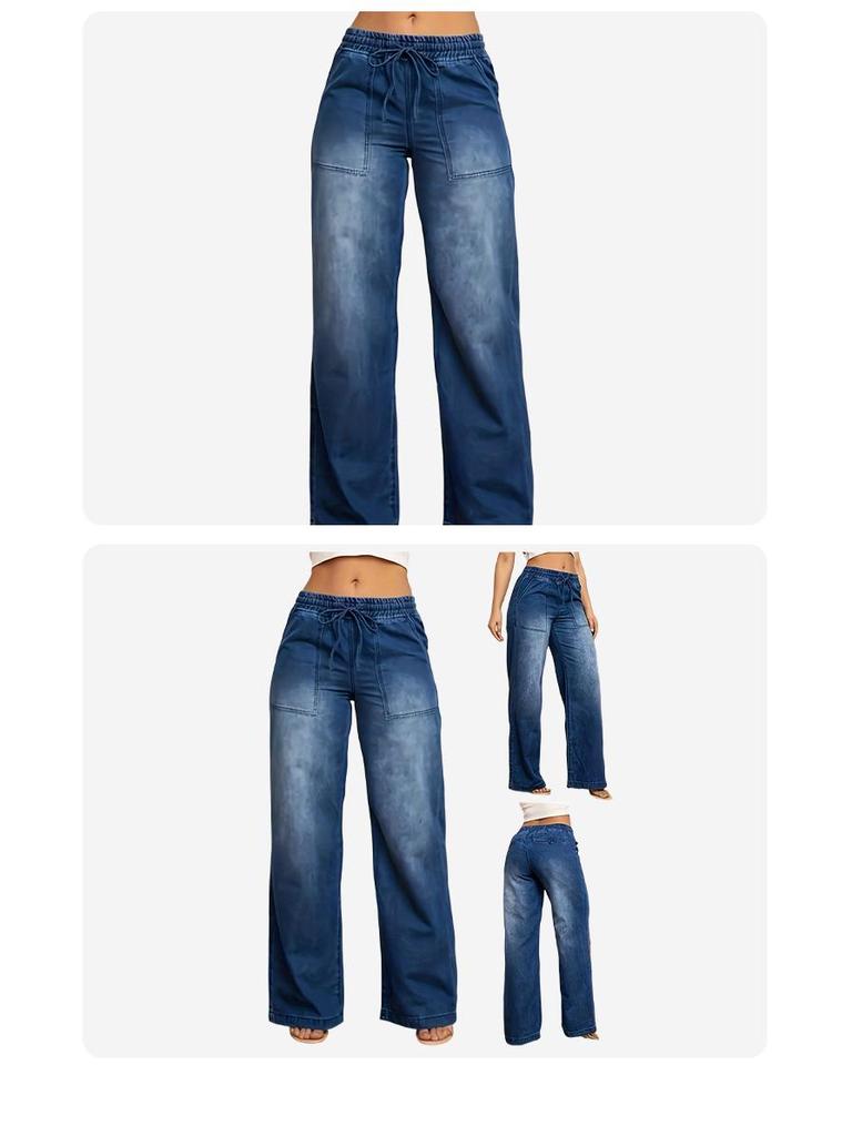 Women's Retro High Waist Wide Leg Drawstring Jeans - Washed Loose Fit Straight Leg Pants