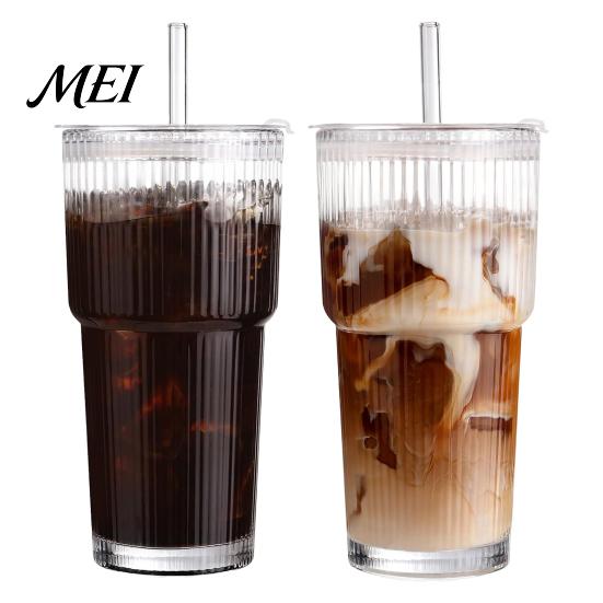 Ice Coffee Glass with Straw Ribbed Cup Lid And Straw, 600ml Large Capacity Iced Portable Container Tumbler, Reusable Cold Drink for Home Office Travel