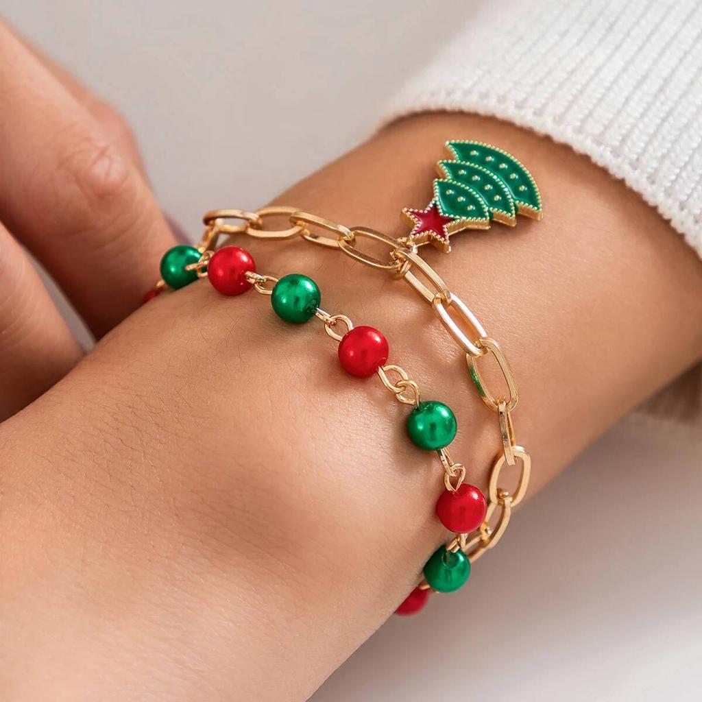 Salircon 2 Pcs/set Cute Christmas Tree Pendant Bracelet Women Trendy Red Green CCB Beads Metal Chain Bangles Couple Jewelry Gift