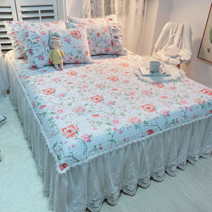 Роскошные американские постельные принадлежности с цветочным принтом, 100% хлопок, стеганые кружевные оборки, юбка-кровать, наматрасник, покрывало, наволочки, скандинавский размер 1/3 шт.