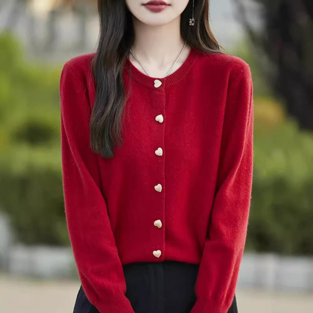 Minimalist Solid Basic Structured Shoulder Versatile Long Sleeve Knit Cardigan Heart Button Round Neck Sweater Women