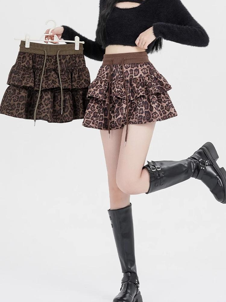Женская леопардовая юбка Y2k Shoujo Girl Aesthetic 2000s Mini Ruffles Skirt Gyaru Coquette с эластичной талией Cyber Punk Cake Skirt