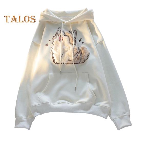 Осень-зима Женская толстовка с капюшоном на эластичных манжетах с завязками на резинке, плотная флисовая вышивка с изображением кота, большой размер, накладные карманы, свободный пуловер с длинными рукавами, теплый парный топ