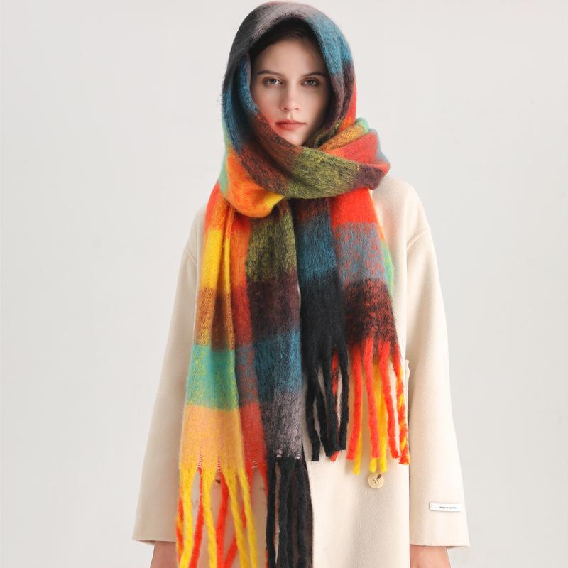 Европейская и американская мода Женские шарфы Зимний Имитация кашемира Утолщенная Теплая Шаль Радужная Клетка Сращивание Кисточка