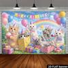 2D plane rainbow grassland cat birthday background cloth with six cute cats and magic wand elements