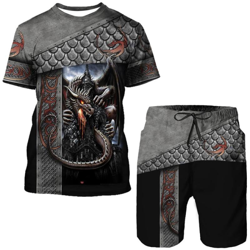 Мужская футболка/костюм с 3D принтом Flying Dragon Totem Art, летний крутой топ с короткими рукавами + шорты, комплект, готический спортивный костюм в стиле хип-хоп