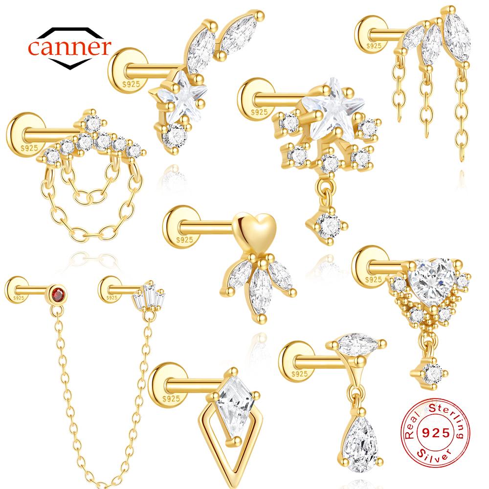 CANNER 1PC 925 Silver Tassel Horse Eye Geometric Zircon Flat Head Thread Piercing Earring For Women Love Earring