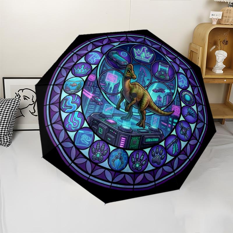 Futuristic Dinosaur Glass pattern umbrella, portable and foldable design, 8 ribs, a casual accessory for Halloween, Christmas, and birthday gifts.
