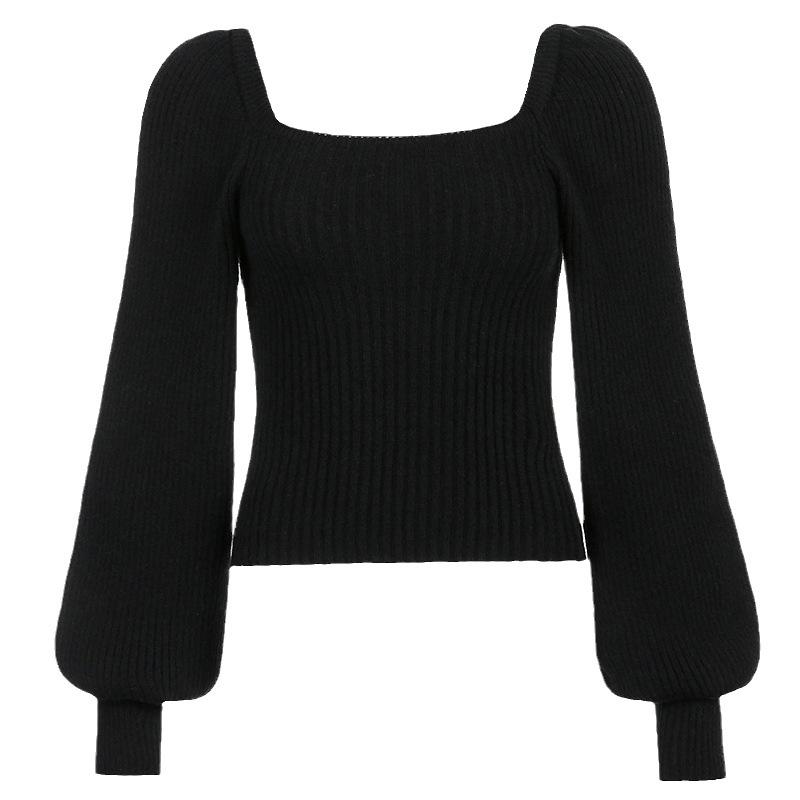 Thickened Square Neck Puff Sleeve Knit Top - Women's Slimming Waist Autumn/Winter Sweater