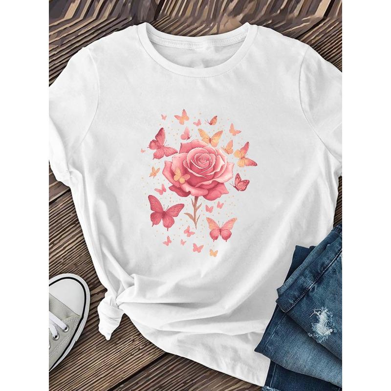 Европейский размер Женская элегантная розовая футболка с принтом розы и бабочки | Повседневная футболка с коротким рукавом и круглым вырезом, Весенне-летняя цветочная рубашка, Повседневная одежда