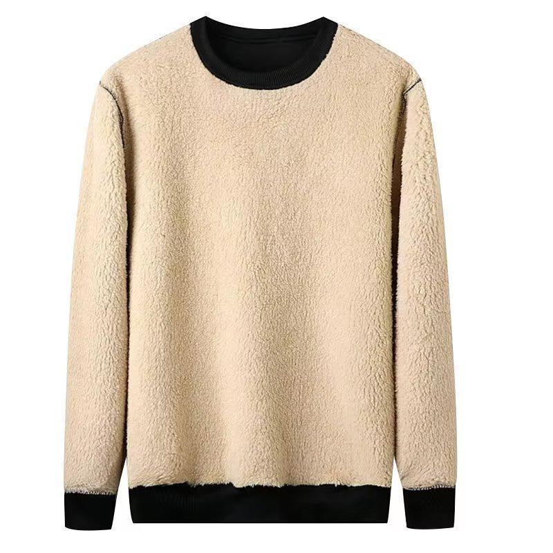 Men's Velvet-Lined Lamb Fleece Sweatshirt - Round Neck, Loose Fit, Warm, Long Sleeve, Autumn/Winter.