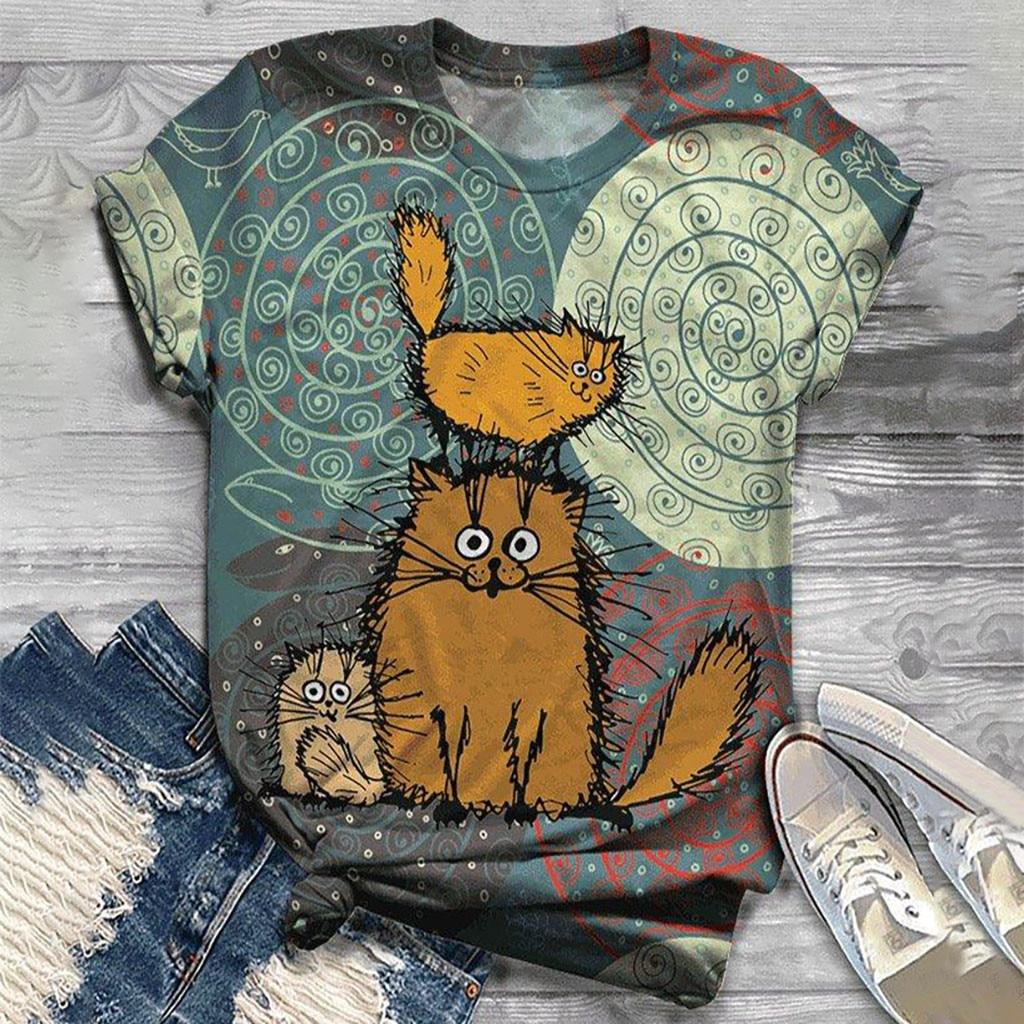 Women's T Shirt Plus Size Women Short Sleeve 3D Cartoon Cat Printed O-Neck Tops