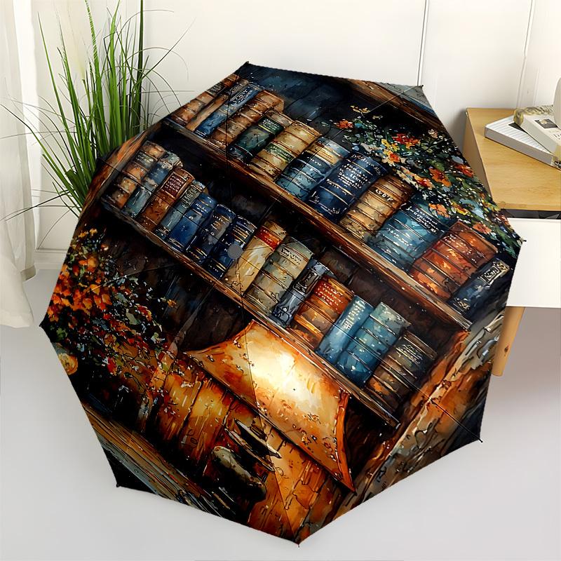 Bookshelf, Lamp Themed Automatic Opening and Closing Umbrella, Brightly Colored 8-rib Portable Umbrella, Suitable for Men and Women, A Perfe