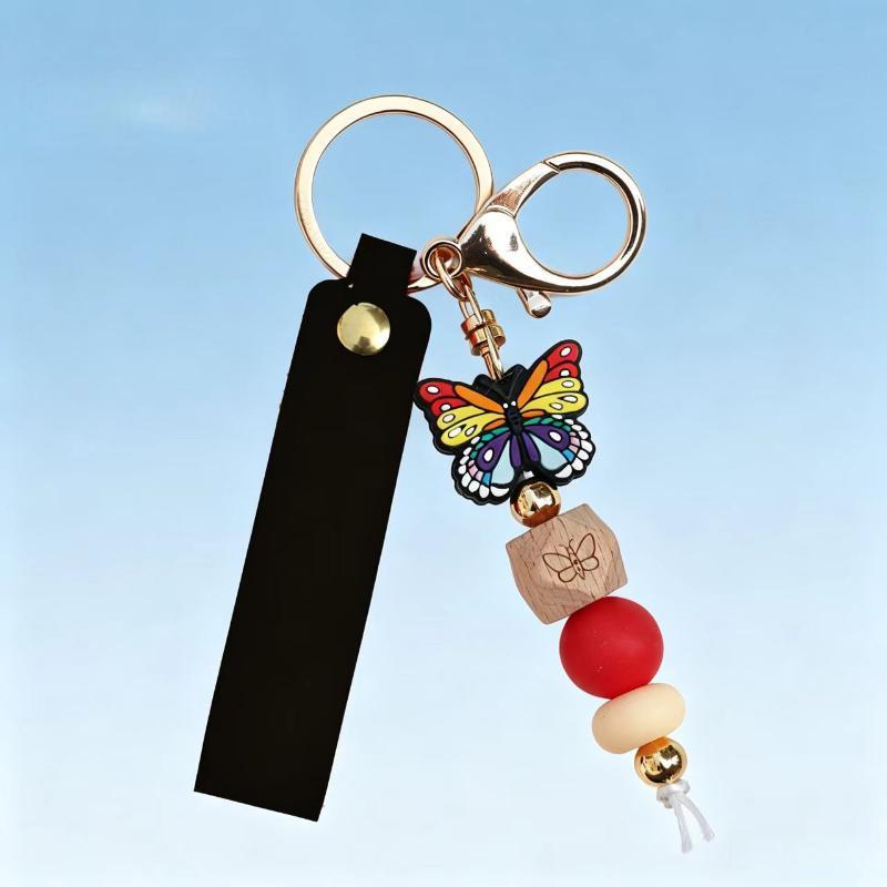 Personalized Butterfly Silicone Beaded Keychain Anti-Scratch PU Leather Bag Charm for Travel Luggage Pendant
