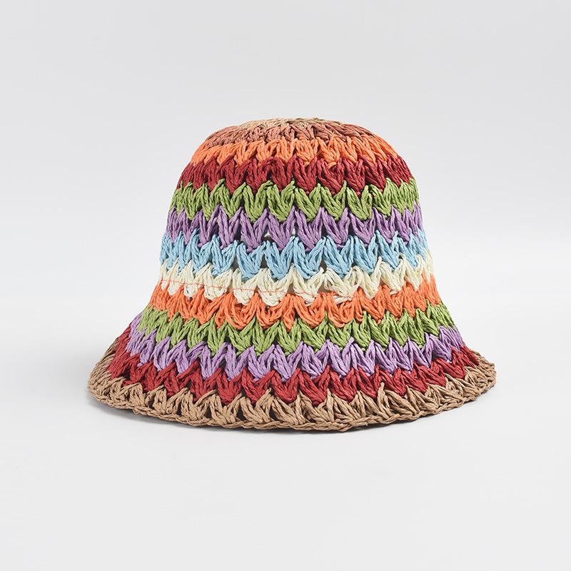 Unisex Summer Paper Sun Bucket Hat Checked Rainbow Gradient Silk Screen Printed Beach Vacation Ribbon