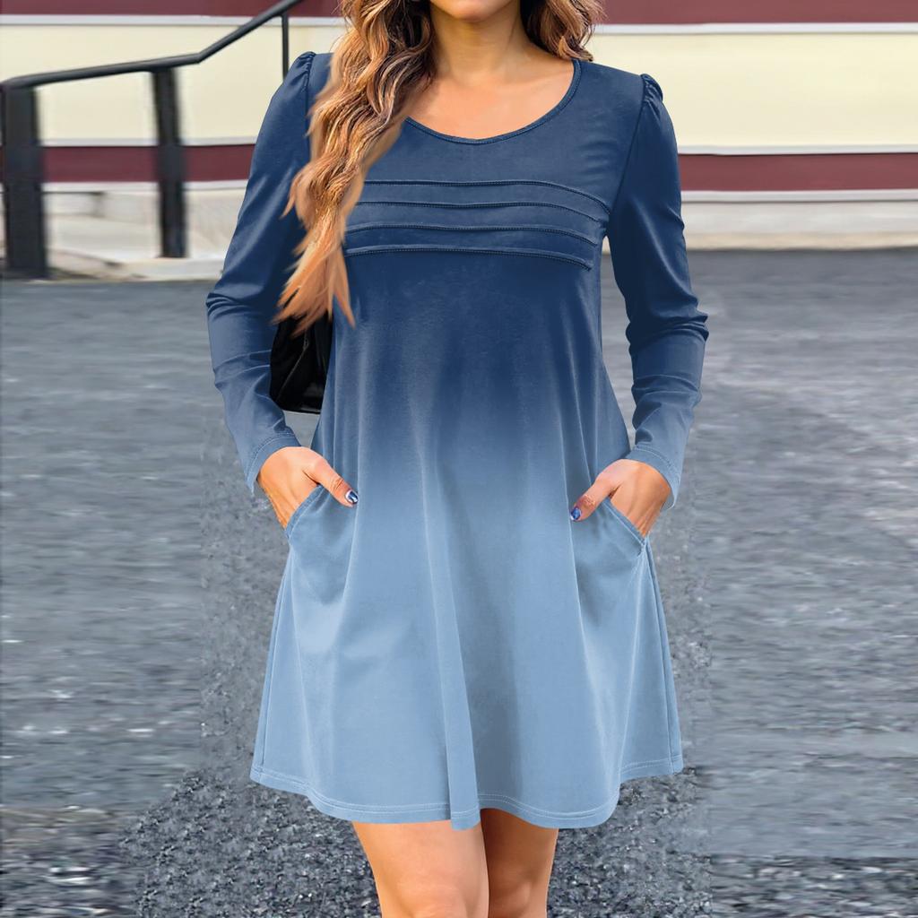 Женское платье с длинным рукавом, осеннее повседневное, футболка, свободного кроя, с плиссировкой спереди, платья с карманами