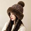 Striped Knit Pompom Braids Hat Fur Brim Fur Trim Trapper Fleece Knit Beanie  Skiing
