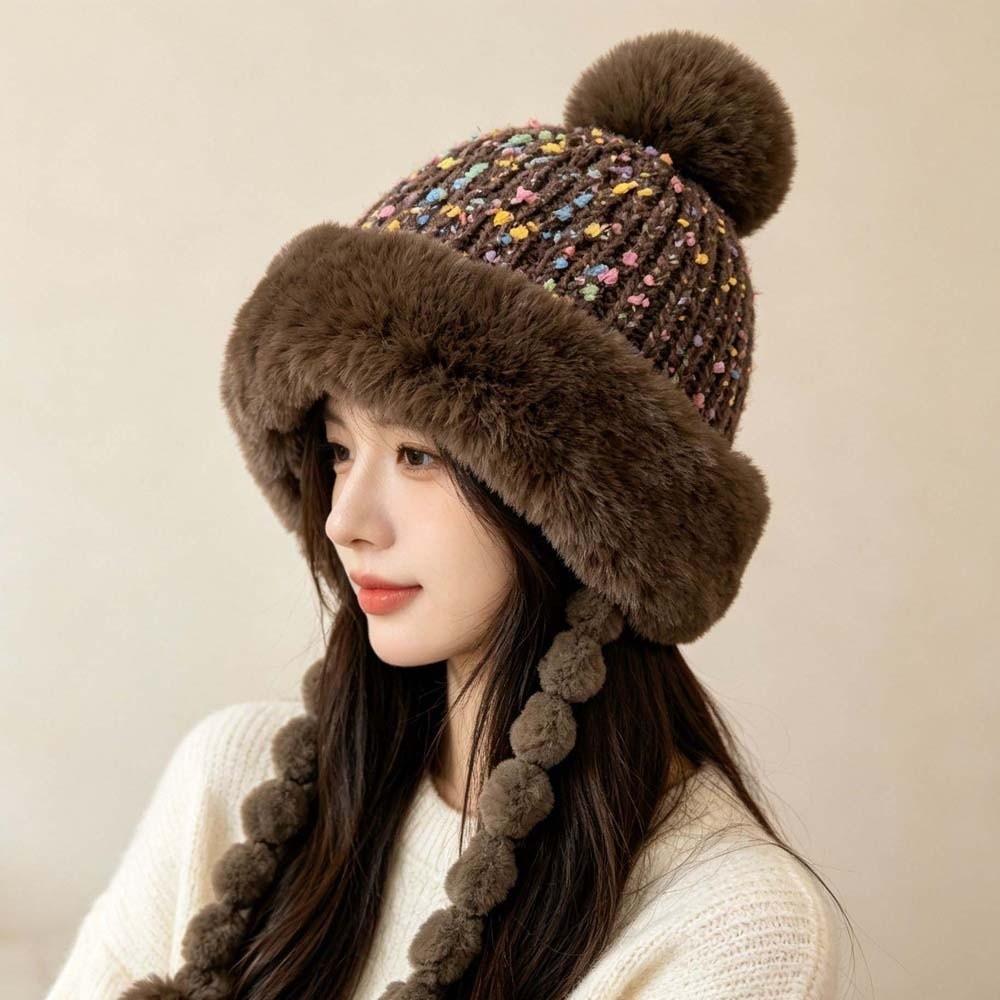 Striped Knit Pompom Braids Hat Fur Brim Fur Trim Trapper Fleece Knit Beanie Skiing