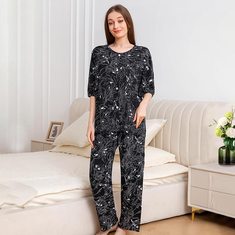 1011 new cotton pajamas women's summer thin five-quarter sleeve trousers loose large size high-end comfortable loungewear