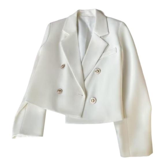 Осенний женский укороченный пиджак с длинными рукавами и лацканами, двубортный однотонный приталенный костюм, пальто, уличная одежда