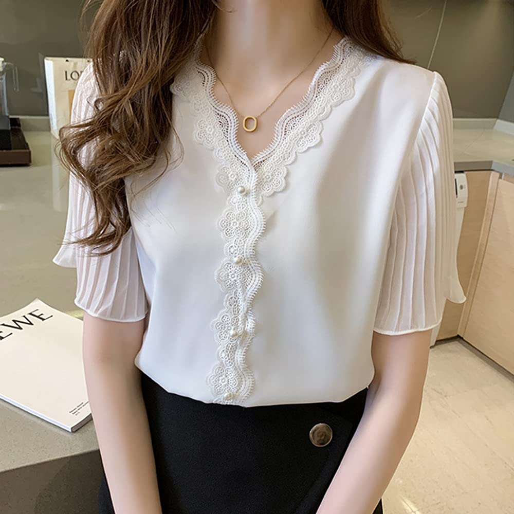 Кружевная блузка Шифоновые топы Расклешенный короткий рукав Корейский стиль Летний Стильный Аккуратный Тонкий Взрослый Милый Свободный крой Стройнящий Повседневный Офисная работа ОЛ Свидание [SYitong]
