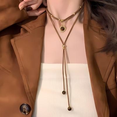 Двухслойное layered ожерелье в ретро-стиле, Регулируемая веревка Meilad, Ретро-нишевое двухслойное ожерелье, Простой круглый кулон