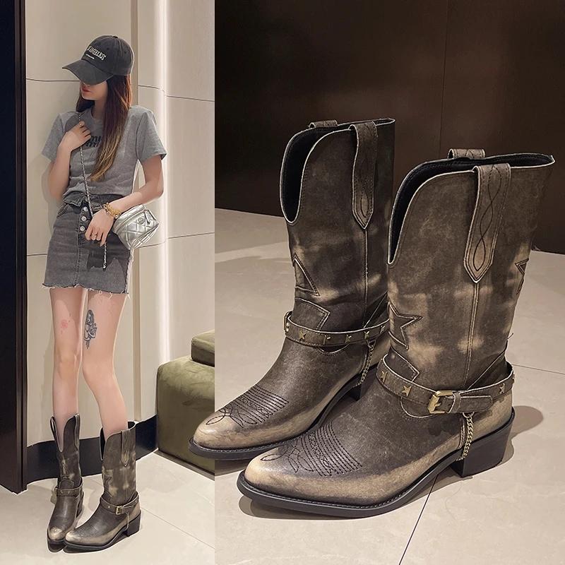 Осенне-зимние ретро-ковбойские сапоги для женщин с толстой подошвой Mordern Botas Fashion Slip on Rivet Chain Женские повседневные короткие сапоги D27