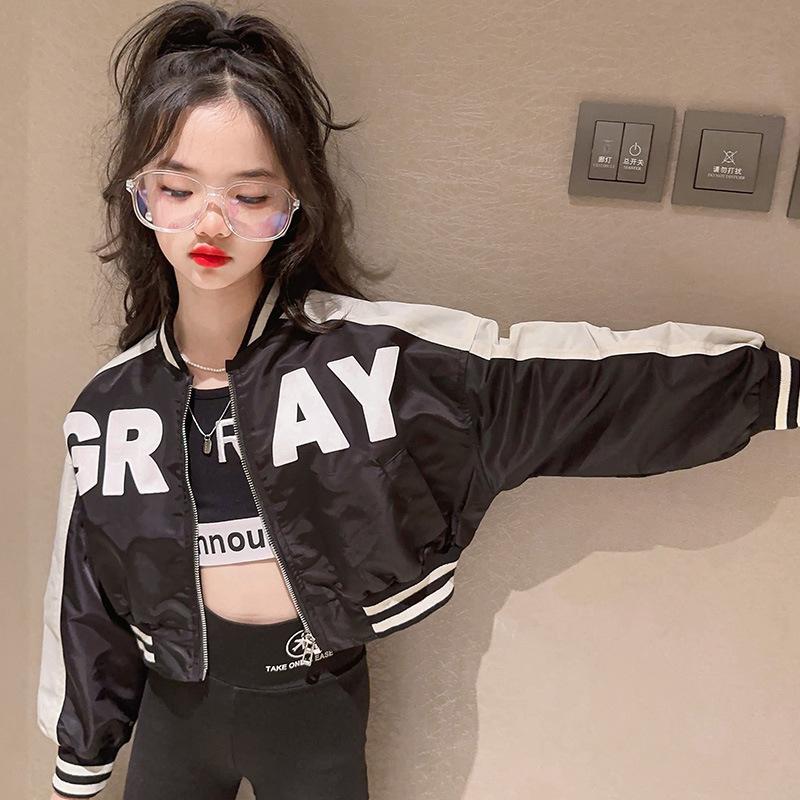 Короткий бейсбольный костюм с круглым вырезом для девочек на весну и осень, детский кардиган среднего и большого размера, повседневная куртка на молнии