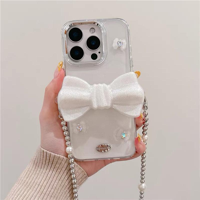 Трехмерный Блестящий Бант Зажим на Спинке Чехол для Телефона Для Iphone16Pro Сумка-Мессенджер Ремешок-Цепочка Apple 15 Алмазный X