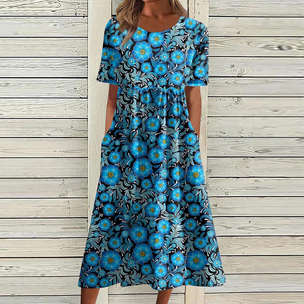 Жен. Повседневные платья Платья с принтами Летние платья С принтами Плиссированные платья-миди с круглым вырезом Классический Классический На открытом воздухе Повседневные С короткими рукавами Свободные платья