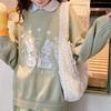 Kawaii Cartoon Cute Knitted Sweater Women Japanese Style Preppy Oversize Green Long Sleeve Jumper Female Korean Tops
