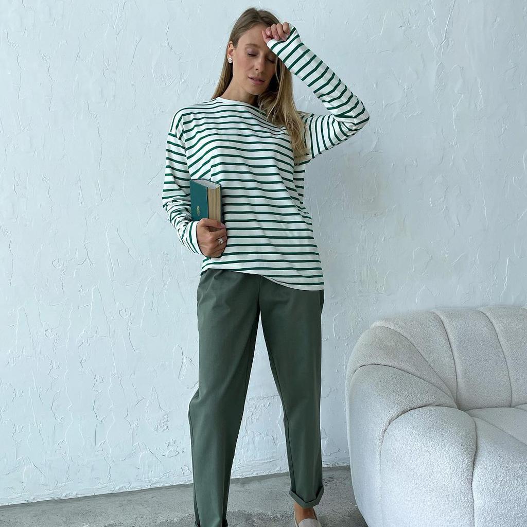 Летняя женская футболка с длинным рукавом и круглым вырезом в полоску