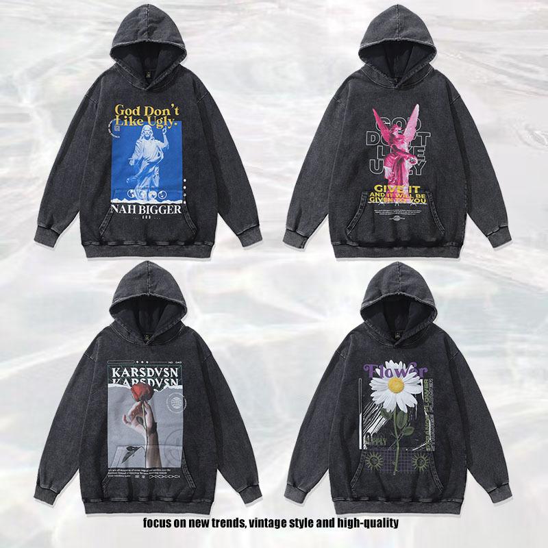 European And American Street Trend Hoodie Oversize Printing Fried Color Heavy Cotton Hooded Sweater Men