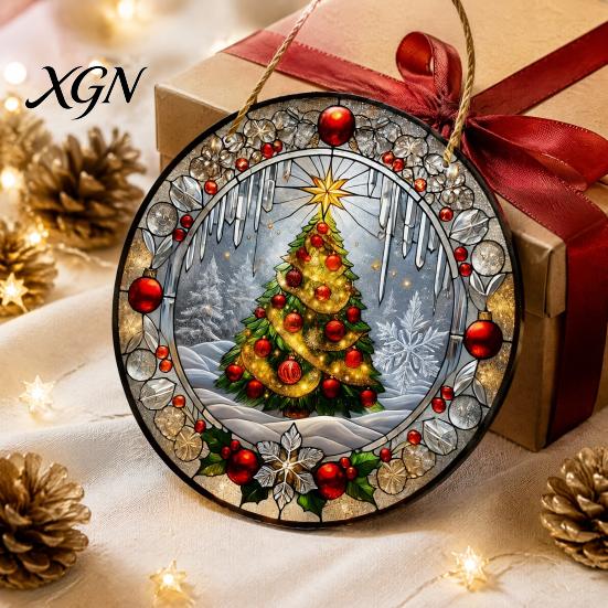 Round Stained Glass Xmas Ornaments Style Acrylic Window Hanging, Christmas Tree Snow Scene Indoor Party Decorations Suncatcher, Door Home Decor