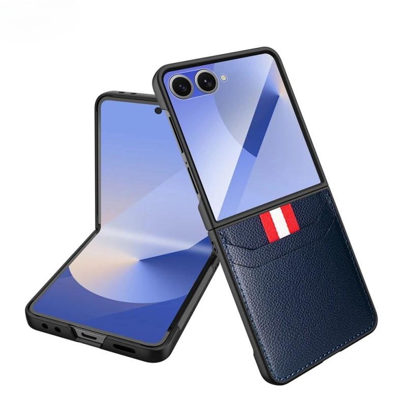 Чехол для телефона из высококачественной кожи с тиснением под личи для Samsung Galaxy Z Flip 7 со слотом для карт, противоударный чехол-накладка для защиты от падений, задняя крышка