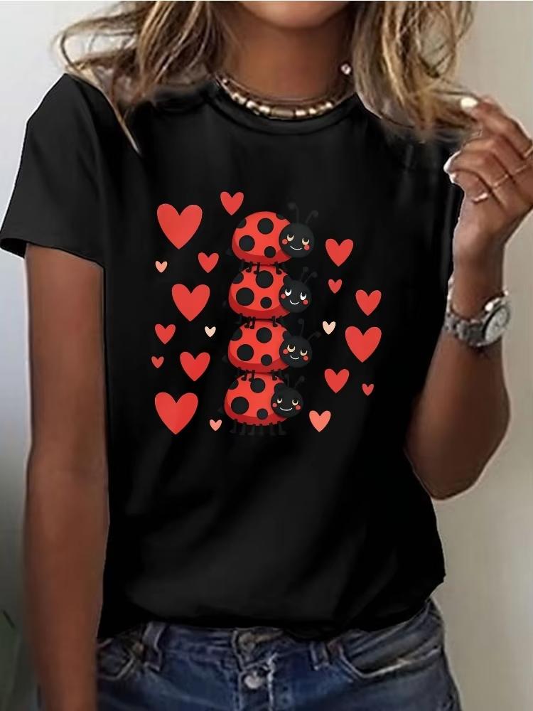 Unisex Cute Ladybug Graphic Tshirt Cartoon Beetle Heart Print Crew Neck Short Sleeve Casual Streetwear Tee For Unisex Unisex