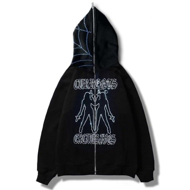 Rhinestone Cobweb Zip Up Oversized Sweatshirt 2023 Autumn Goth Hoodie Men Women Grunge Hooded Jacket Streetwear Y2k Clothing