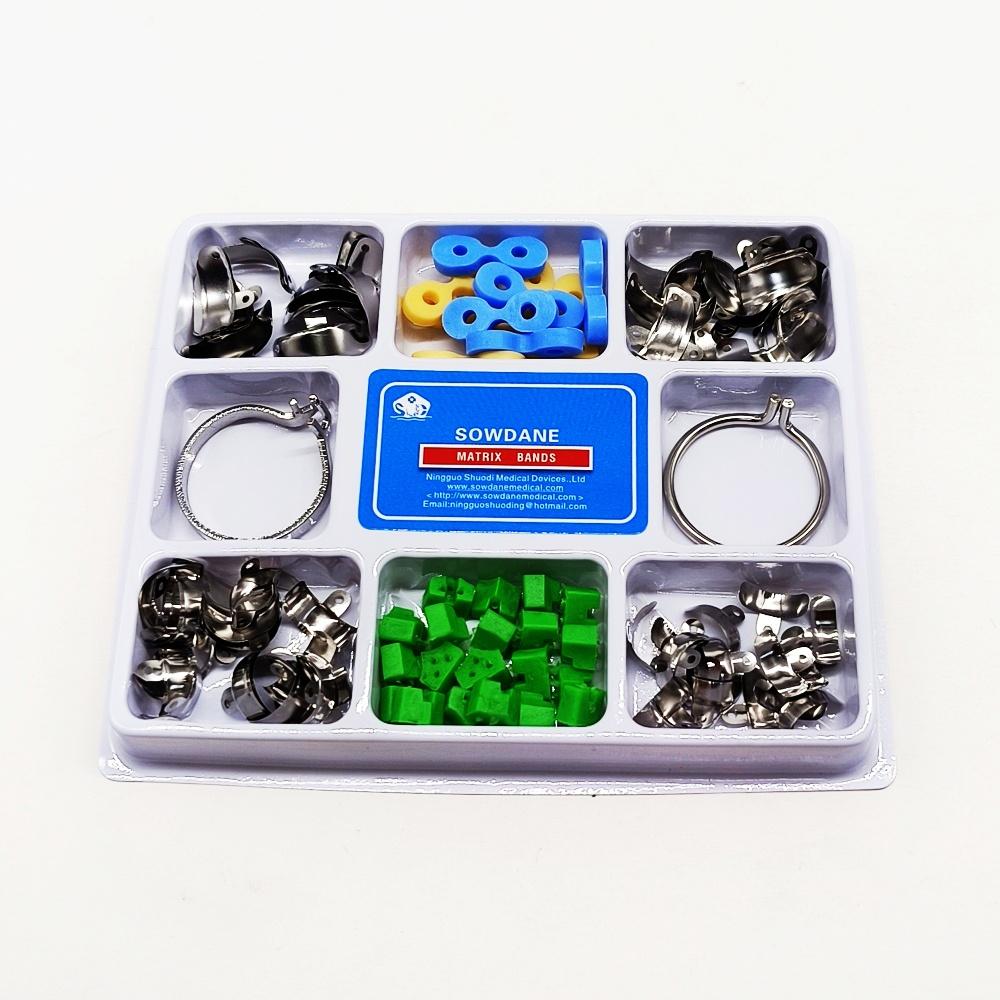 1 коробка, новые стоматологические 80 шт./упак., секционные контурные металлические матрицы, матрицы M4, набор матричных клиньев с дополнительными клиньями, резиновые клинья, полимерные зажимы