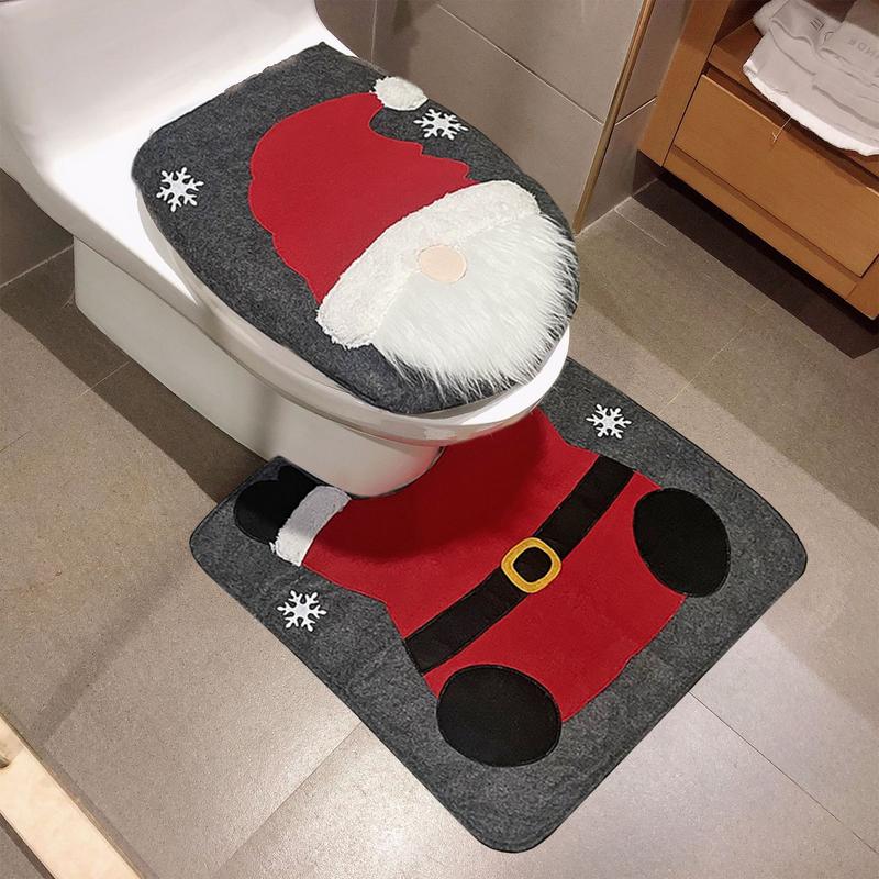 2pcs Christmas Bathroom Mats Sets Santa Toilet U-Shape Mat Toilet Lid Cover Pad Perfect for Christmas Decoration