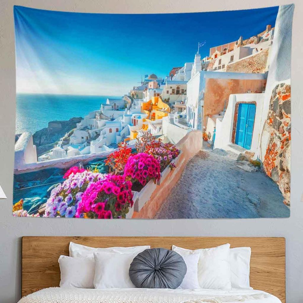 Santorini Greece Tapestry Wall HangingsAegean Seascape Tapestry White Architecture Flower Mediterranean Kids Student Bedroom