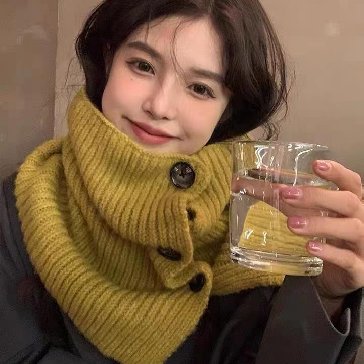 Twist Button Warm Winter Scarf for Women All Match Casual Neck Scarf for Cycling Cold Protection Neck Protection Warm Knitted Scarf Korea