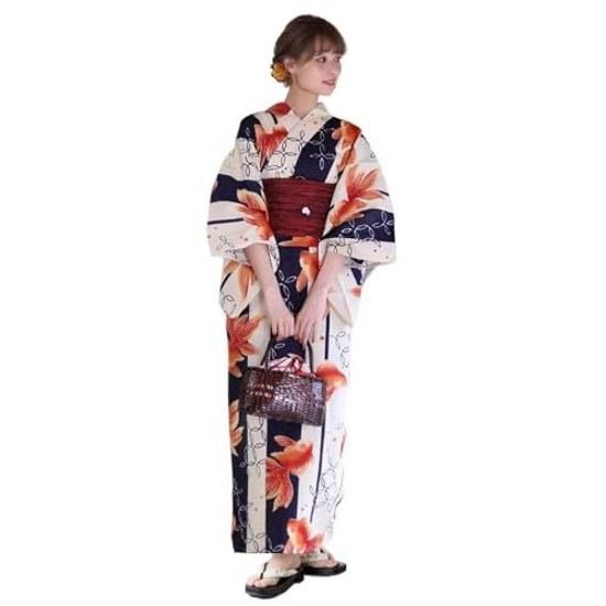 JIUJIUYCL Yukata two-piece ladies kimono womens single item 2-piece set 3-piece obi tied geta wrinkle-resistant Japanese pattern floral goldfish cute