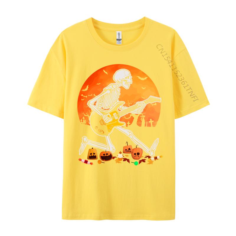 Скелет Играет на Бас-гитаре Футболка на Хэллоуин Обычная Осень Ретро Смешная Чистый Хлопок Camisa Мужские Футболки Смешная Одежда