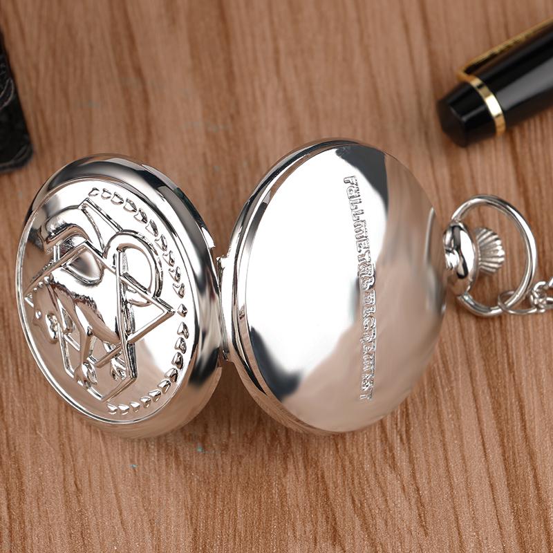 Покемон Ретро Серебряные кварцевые карманные часы Мужская мода японского аниме Стальной алхимик ожерелье