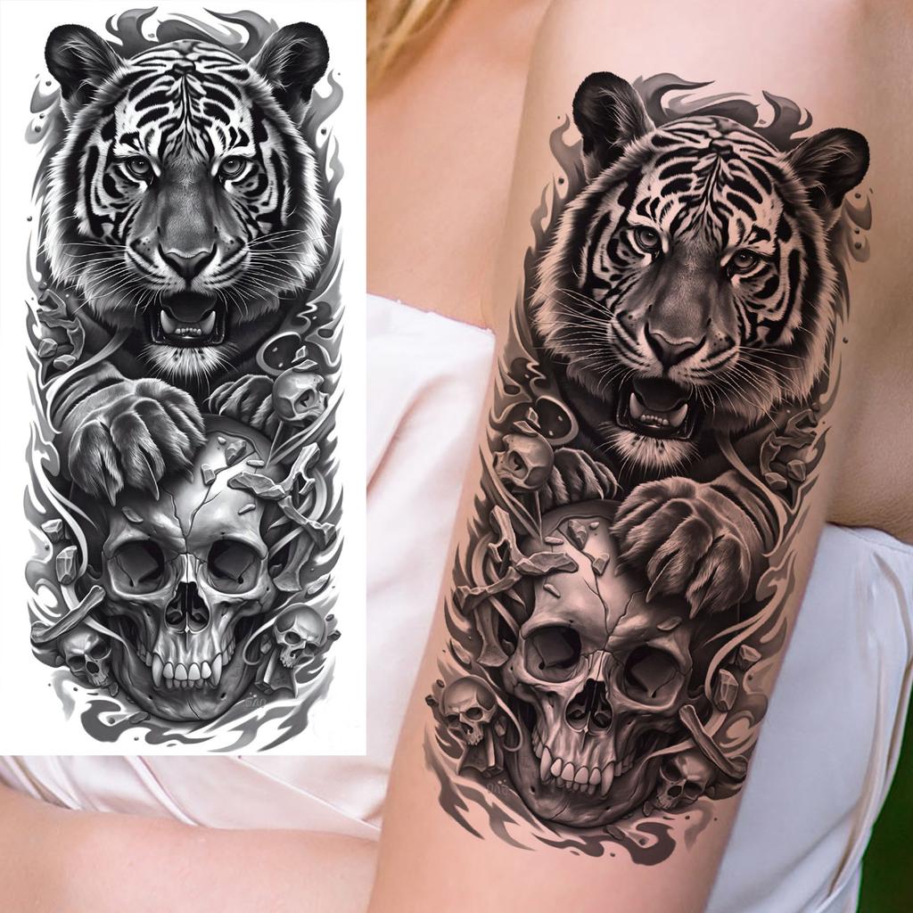 1 Sheet Scary Grim Reaper Skull Temporary Tattoos Halloween Tatoos Long Lasting Waterproof Tiger Wolf Beast Fake Tattoo Stickers