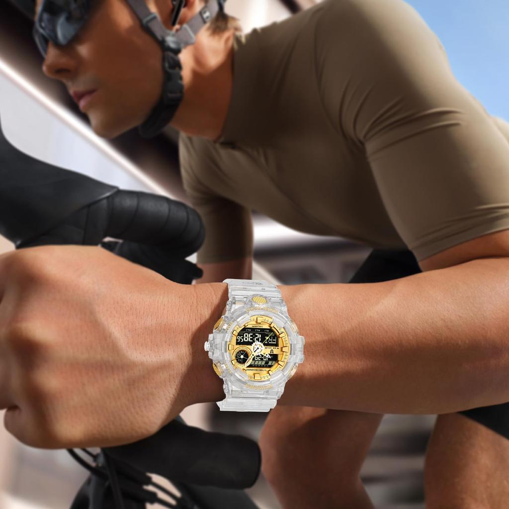 PINDOWS Military Watch Outdoor Sports Electronic Date Multifunction LED Alarm 50 Meter Water Resistant Analog Digital Display Watch Men's Watch, Men's