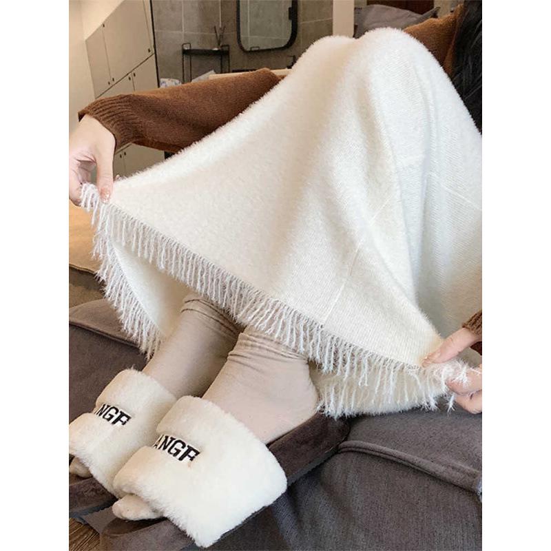 Миди-юбка А-силуэта из трикотажа с кисточками, осенне-зимняя шерстяная юбка с высокой талией